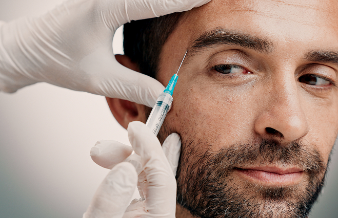 Visage d'un homme avec injection de relaxant musculaire · Man’s face with muscle relaxants injection